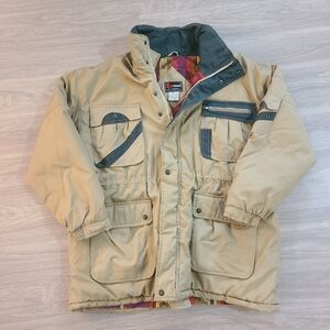 VTG In Crowd Mens Large Outdoor Field Utility Jacket Pockets Aztec Print Inner